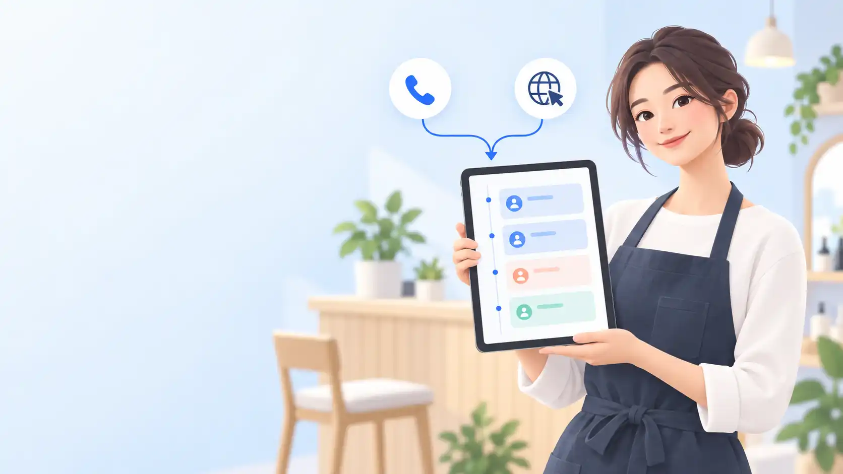 タブレットで当日の予約一覧を確認する店舗スタッフ。電話予約とネット予約がひとつの予約表にまとまっている様子。