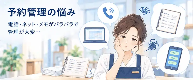 予約管理の悩み。電話・ネット・メモがバラバラで管理が大変…。電話・パソコン・手書きメモ・スマートフォンを前に、予約管理に悩む店舗スタッフのイラスト。